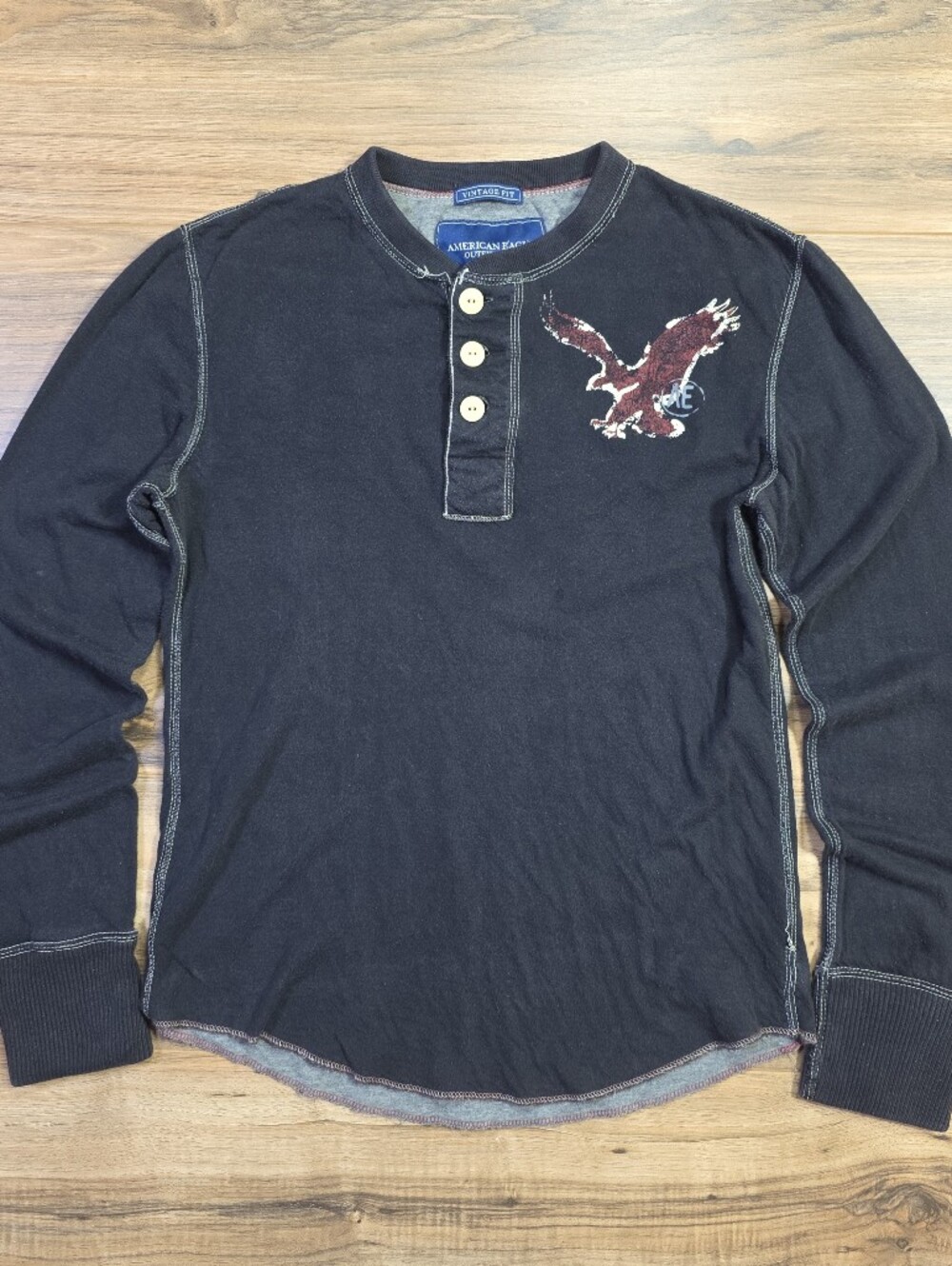 American Eagle Y2K Grunge Thermal Henley Shirt Dark Gray Small Mens